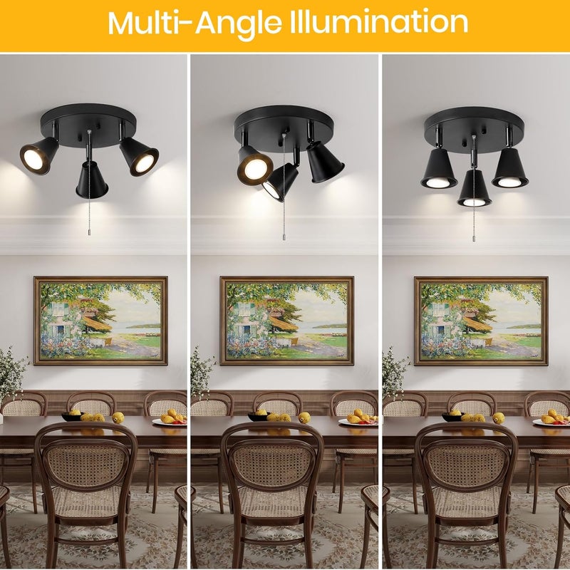 SEEBLEN 3-Light Industrial Directional Track Lighting with Pull Chain On/Off, Black Ceiling Spotlight, Morden Flush Mount Kitchen Light for Hallway,Dining Room,Porch,Office.Gu10 Bulbs Included - Image 2